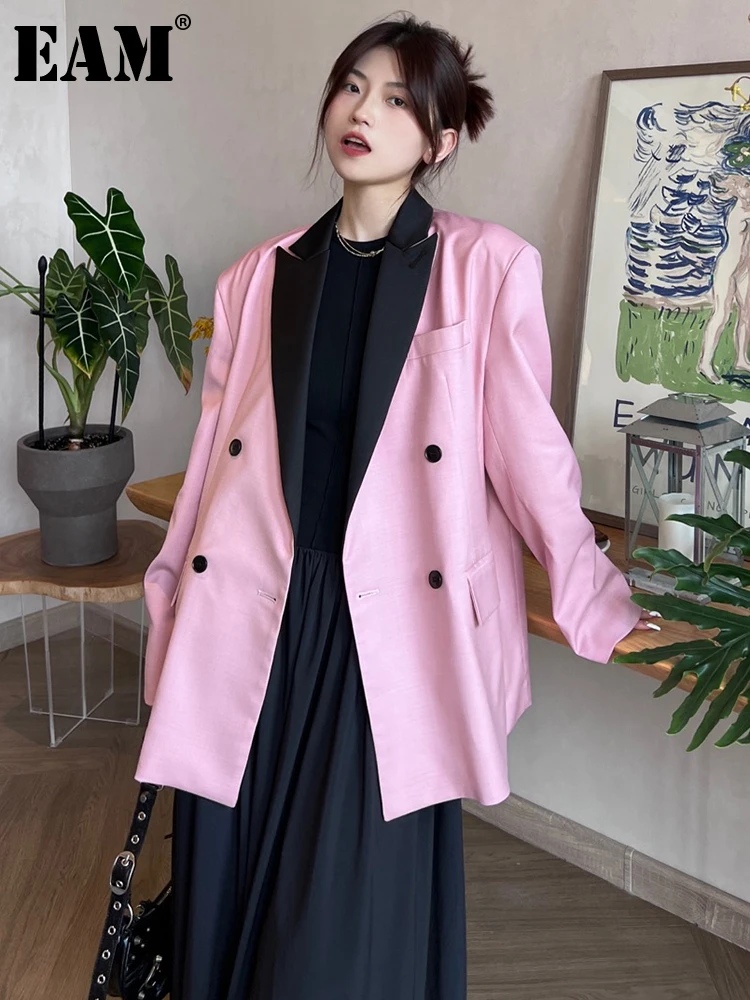 

[EAM] Women pink Color-block Big Size Blazer New Lapel Long Sleeve Loose Fit Jacket Fashion Tide Spring Autumn 2023 1DF5585