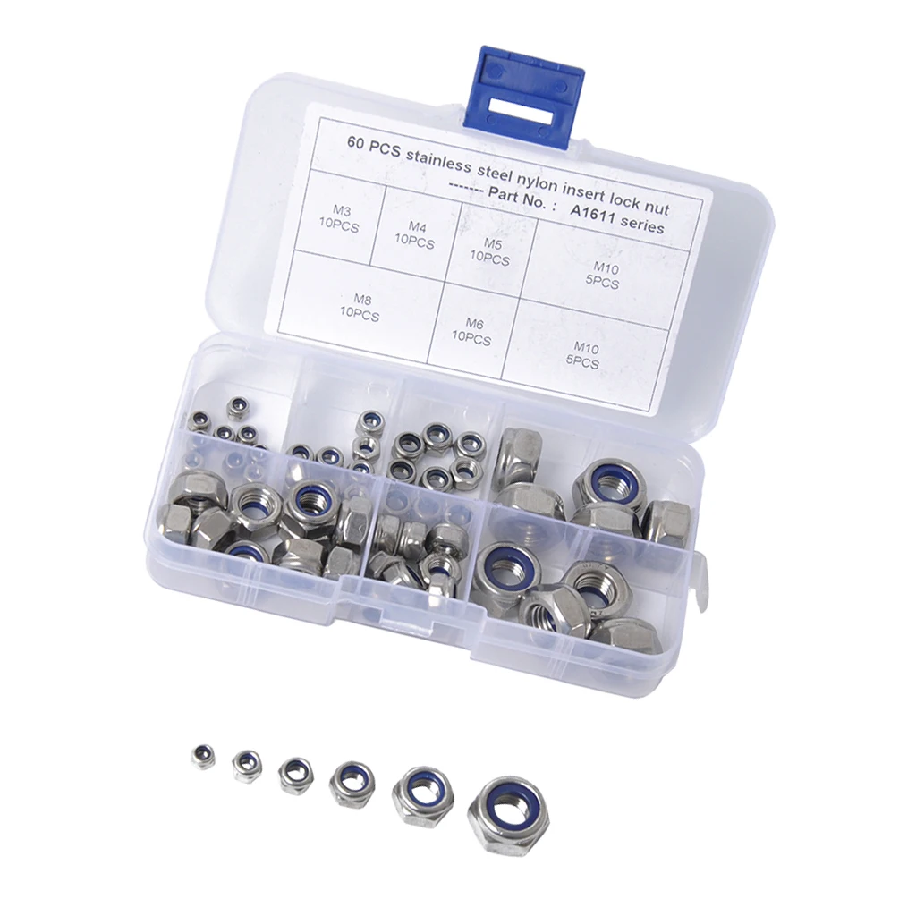 

60 Pieces 304 Stainless Steel Lock Nut Assortment 60 Pcs, M3 M4 M5 M6 M8 M10 Self-locking Stop Nuts
