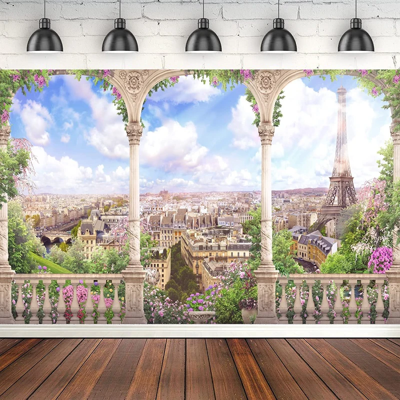 

Фон для фотосъемки с изображением Парижа, Эйфелевой башни, весеннего сада, винтажного балкона, арки, цветов, деревьев, города, реквизит для ф...