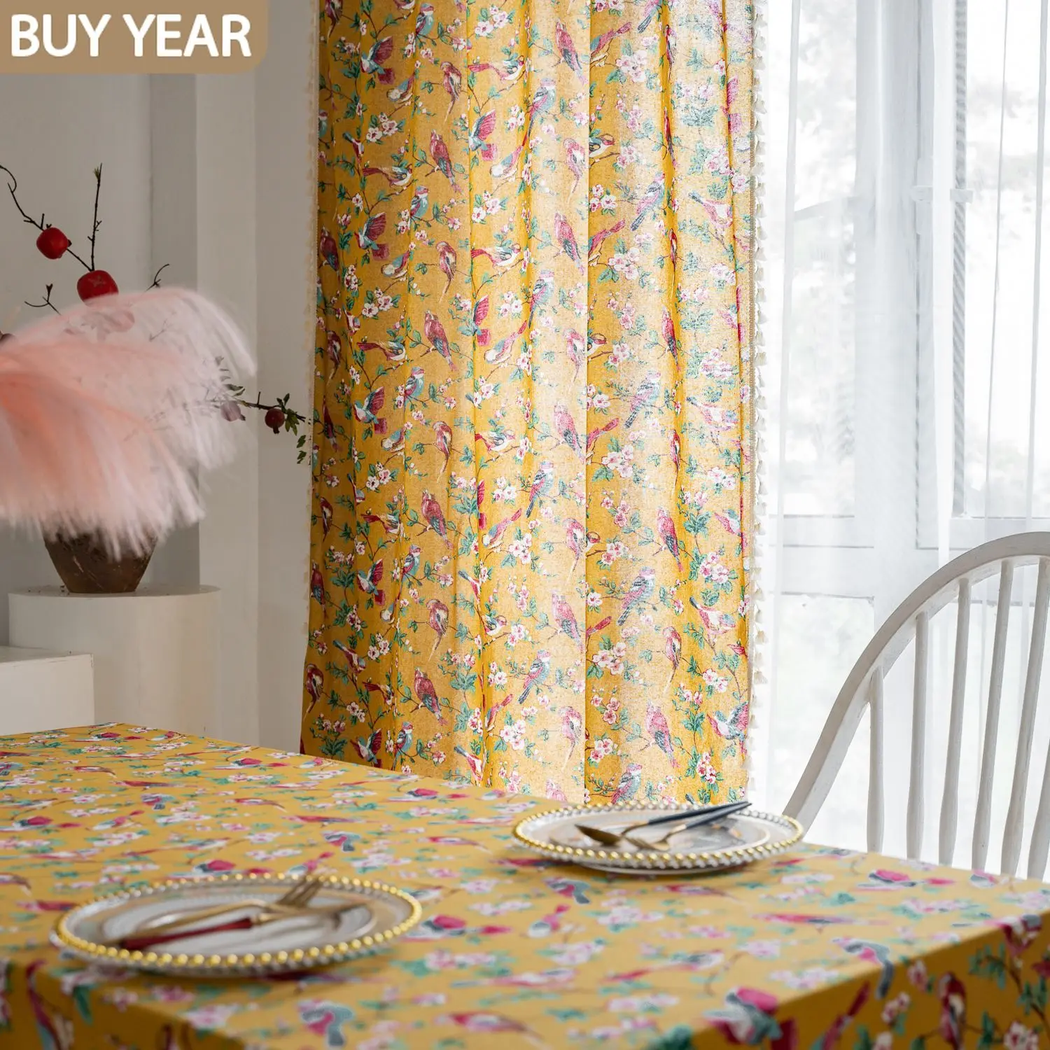 

American Curtains for Living Dining Room Bedroom Country Plant Floral Curtain Linen Tassel Curtain Kitchen Curtain French Window