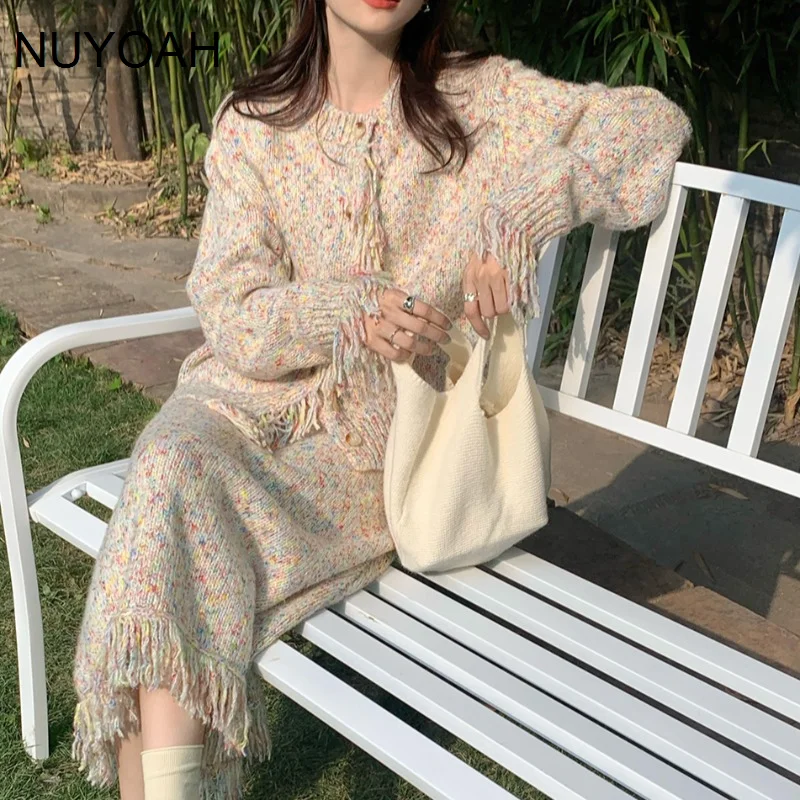 

Women's Skirt Suit Korean Winter Romantic Sweater High Waist Long Straight Skirt Women