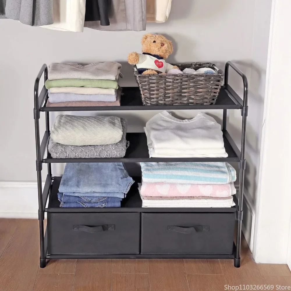 

4 Shelf Home Closet Organizer with 2 Fabric Bins, Closet, Black, Indoor, Adult and Child clothes organizer