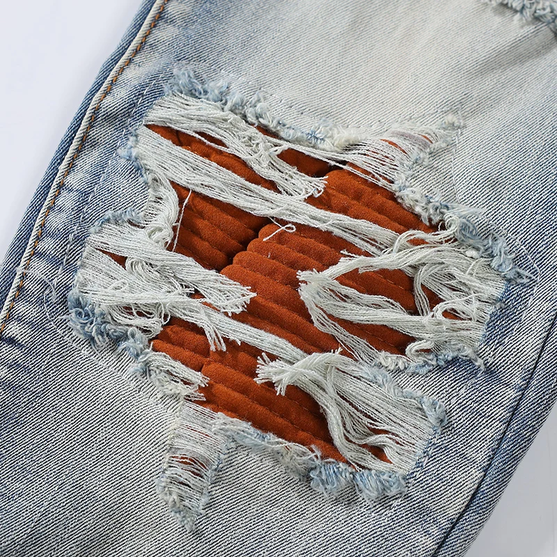 High Street Fashion Men Jeans Retro Light Blue Stretch Skinny Ripped Jeans Men Orange-Red Patched Designer Hip Hop Brand Pants