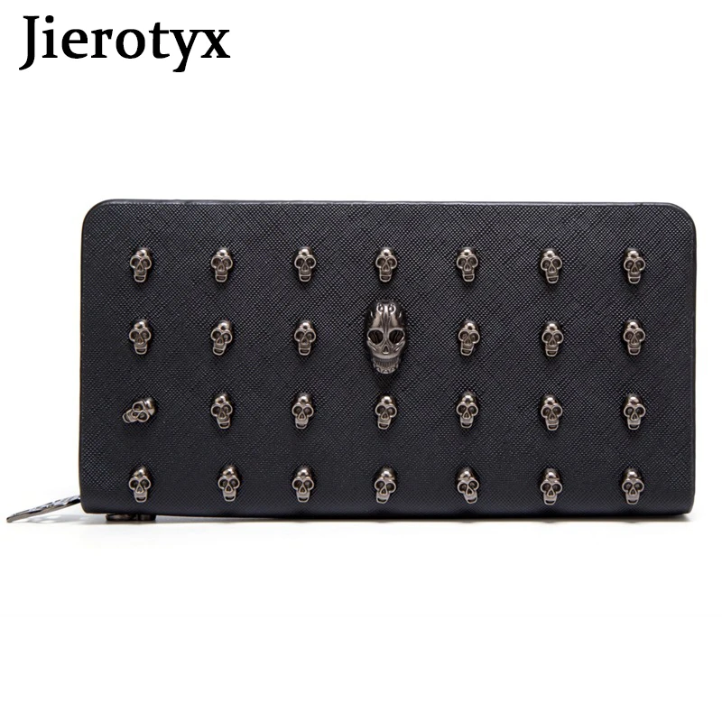 JIEROTYX Women's Black Long Skull Studded Purses Leather Card Holder Wallet for Women Goth Wristlet Purses Clutch Black Zipper