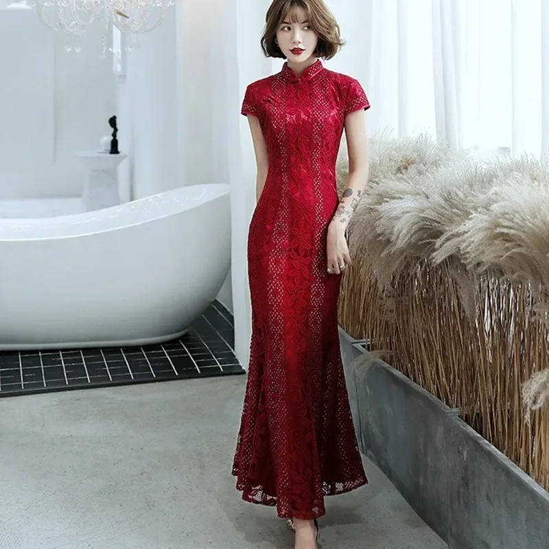 Сексуальное бордовое новое женское кружевное платье Cheongsam новинка элегантное