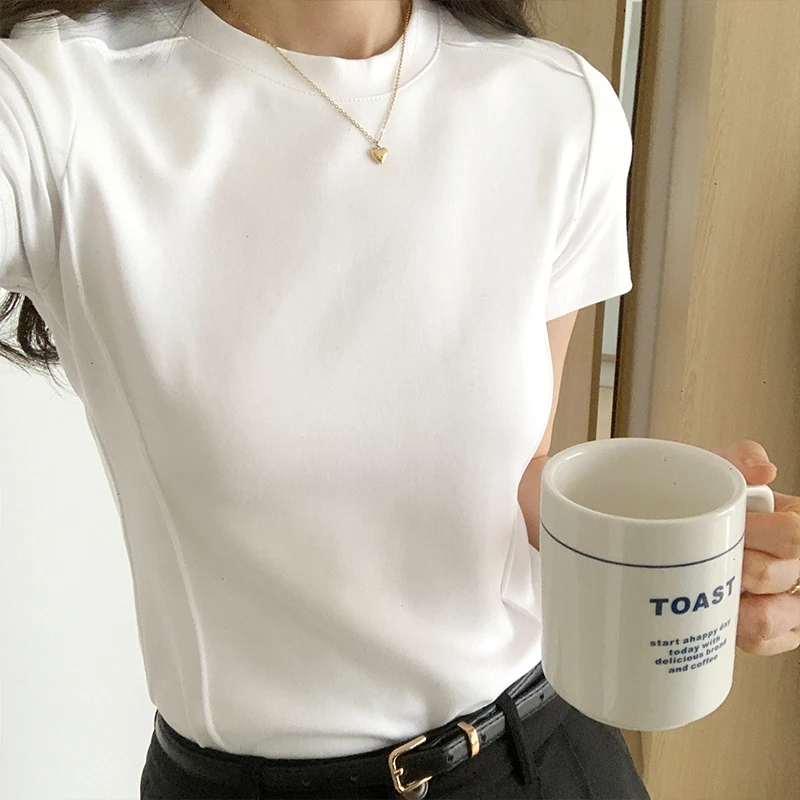 

Solid Color Basic Round Collar Short Sleeve Slim T-shirts Womens Summer Casual Tee Shirts Ladies Fashion Irregular Hem Short Top