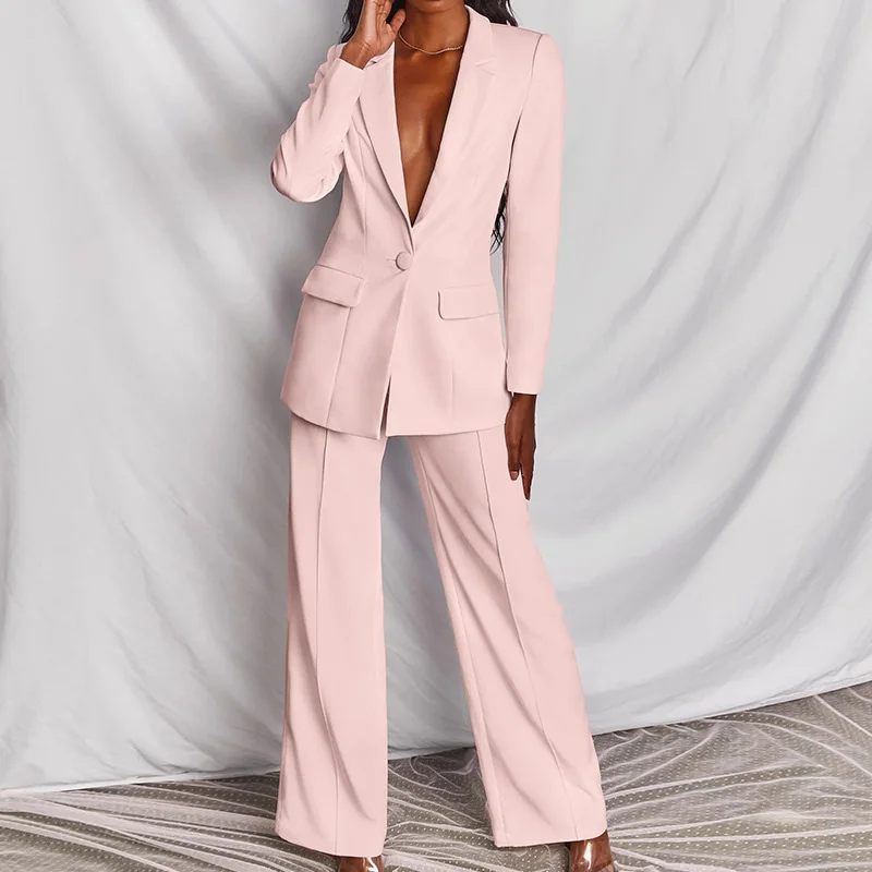 Office Ladies Solid Colors Formal Suits with Buttons New Pink Yellow Blazer Pants Set Two Piece Women Business Suit Blazer Set