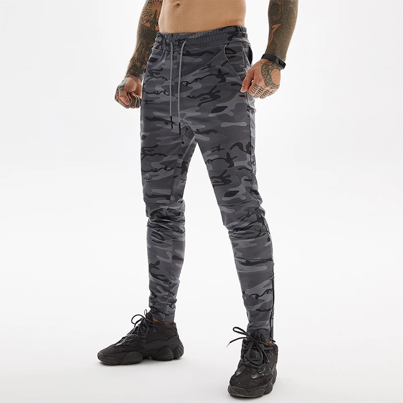 Men Camo Sport Pants Running Workout Fitness Men's Gym Sweatpants Jogging Stretchy Sporting Training Zipper Slim Fit Trousers