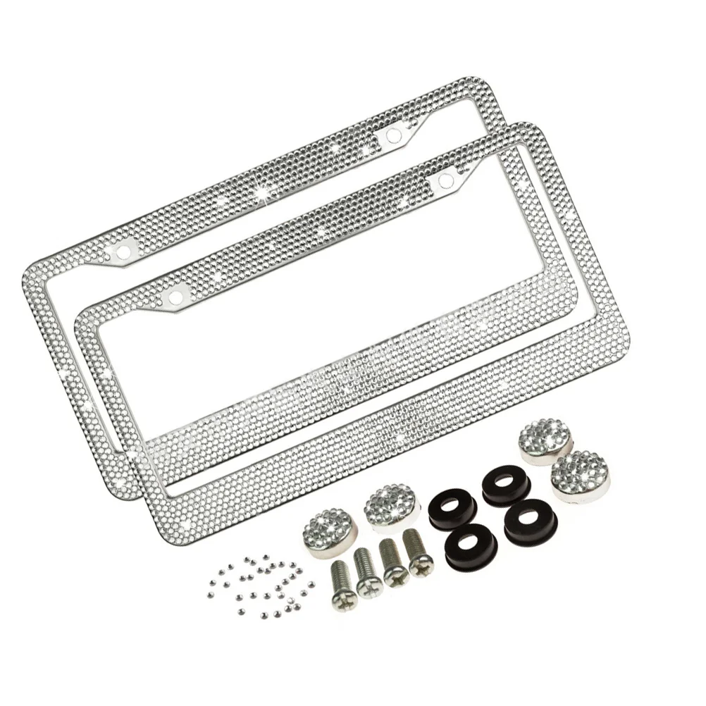 

2pcs Bling License Plate Frame Luxury Handcrafted Car Frame Plate White Rhinestone with Ignition Button Bling Unique Gift for