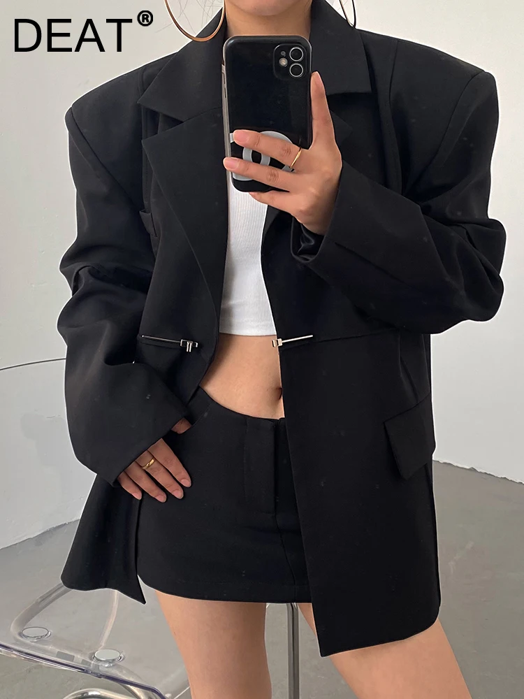

DEAT Fashion Women Blazer Notched Collar Shoulder Pad Metal Single Buckle Long Sleeve Black Suit Jackets Autumn 2023 New 17A7426