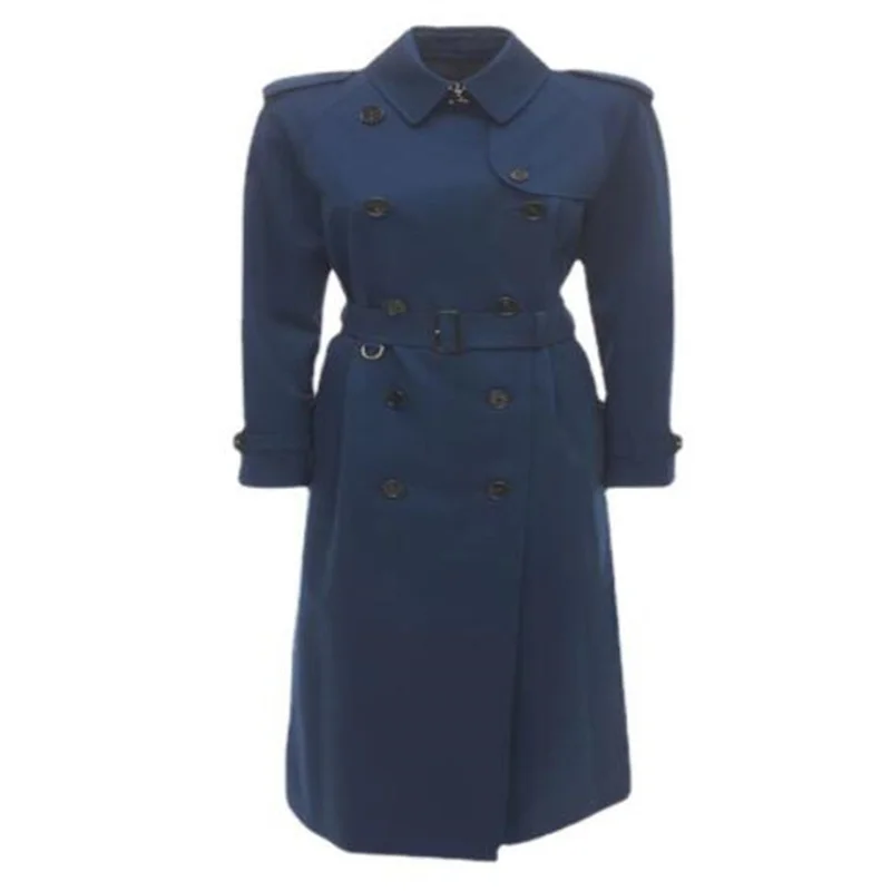 Spring women's slim trench coat autumn new fashion epaulettes double breasted long solid color lace-up blue jaqueta feminina