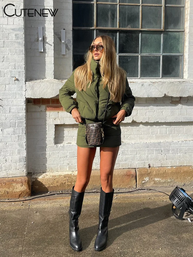 

Cutenew модный однотонный зимний комплект из двух предметов на молнии, женское хлопковое пальто с высоким воротником и длинными рукавами + юбка с подходящей строчкой, повседневная одежда