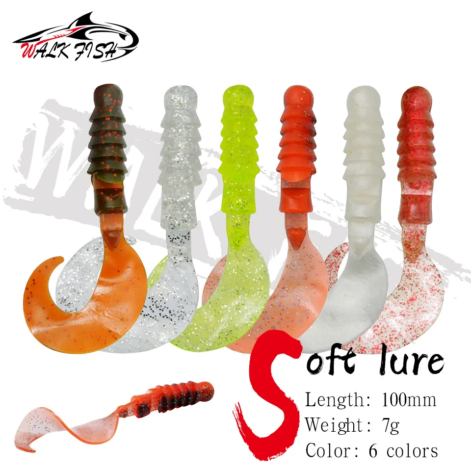 

WALK FISH 4 шт./лот, Мягкая приманка для рыбной ловли, 100 мм, 7 г, червь, искусственный ПВХ, гибкий хвост, свимбейт для окуня, карпа, рыба, рыболовная приманка