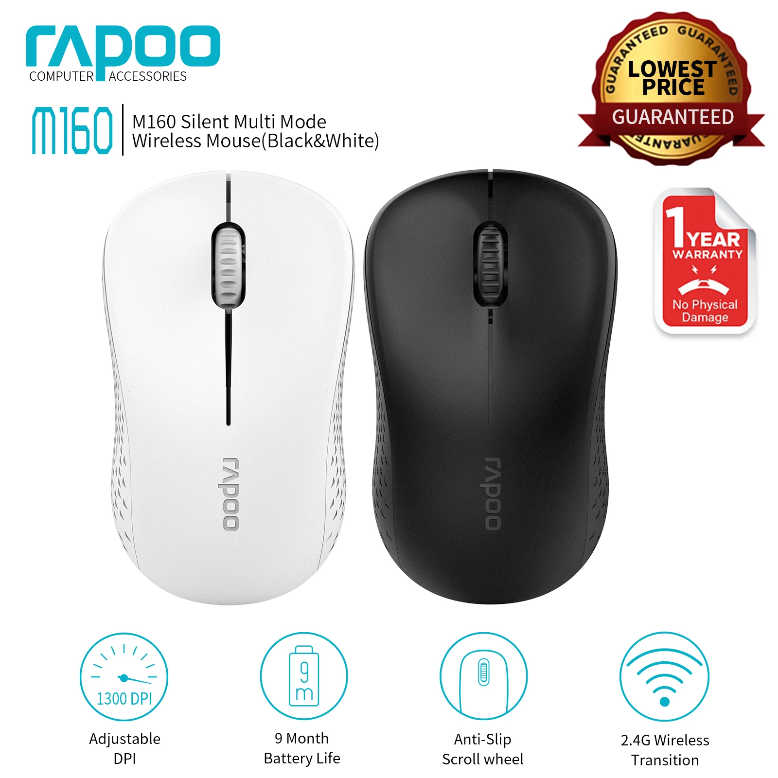  Rapoo M160G Multi-mode Silent Wireless Mouse Switch 3 Devices with 1300DPI Bluetooth 3.0/4.0 RF 2.4GHz for Computer Laptop 
