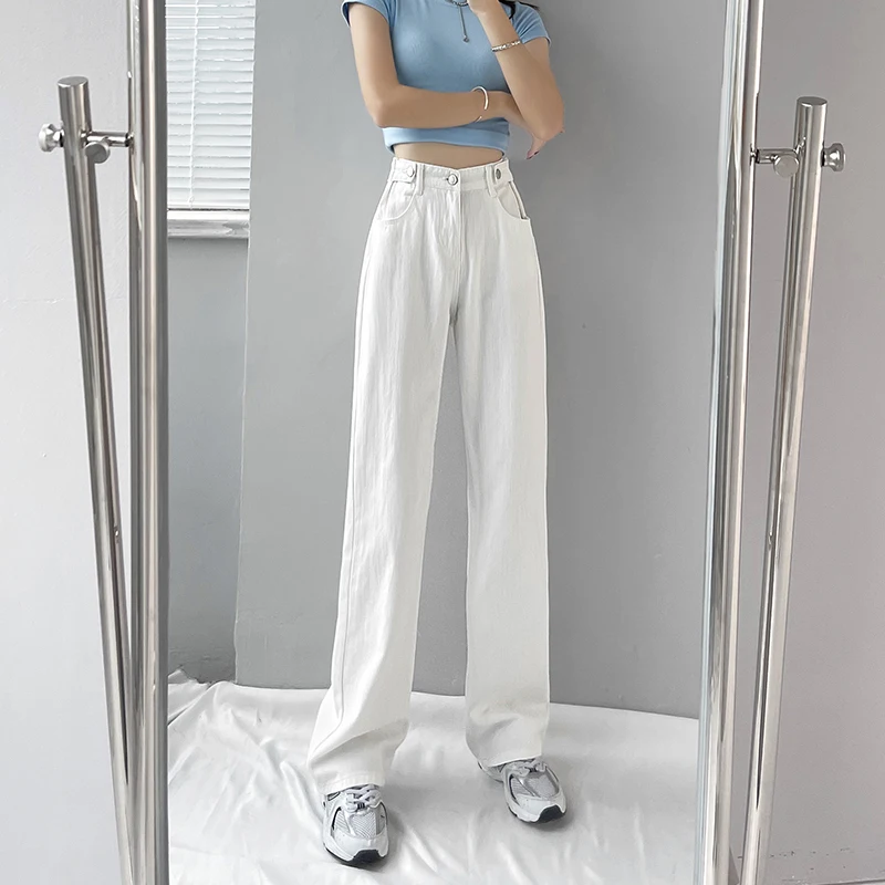 

White Jeans Women Baggy Summer Soft Thin Casual Korean Style Streetwear Mopping Pants Female Straight Elastic Denim Trousers