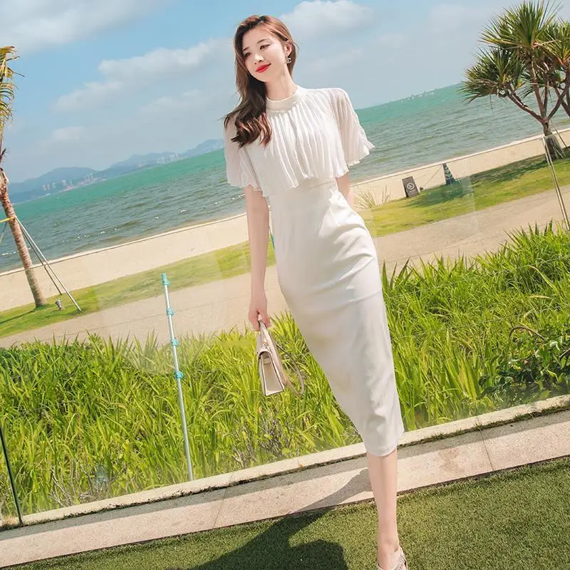 

Women 2022 Summer Fashion French Slim Package Hip Dress Female Solid Color Long Vestidos Ladies O-neck Pullover Dresses U113