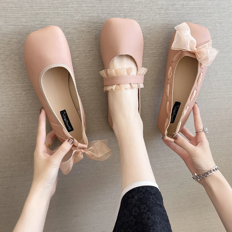 

Shoes Woman 2022 Bow-Knot Female Footwear Casual Sneaker Square Toe Shallow Mouth New Butterfly Dress Grandma Summer Boat PU But