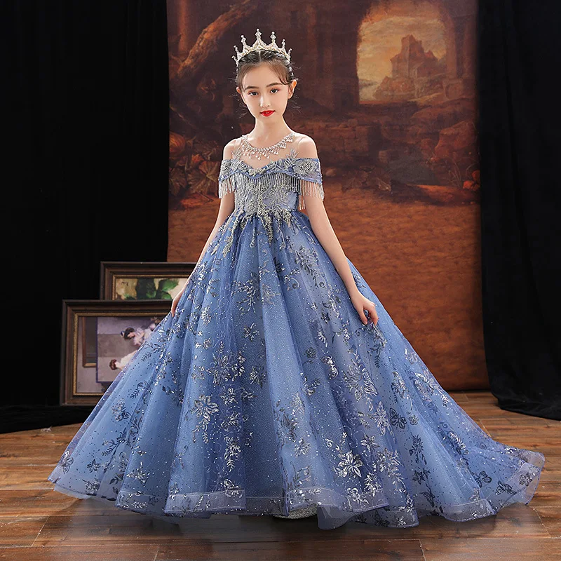 Kids Girls Christmas Formal Evening Long Dresses Evening Fairy Gown and Maxi Dress Up Costumes for Children Luxury Blue Vestidos