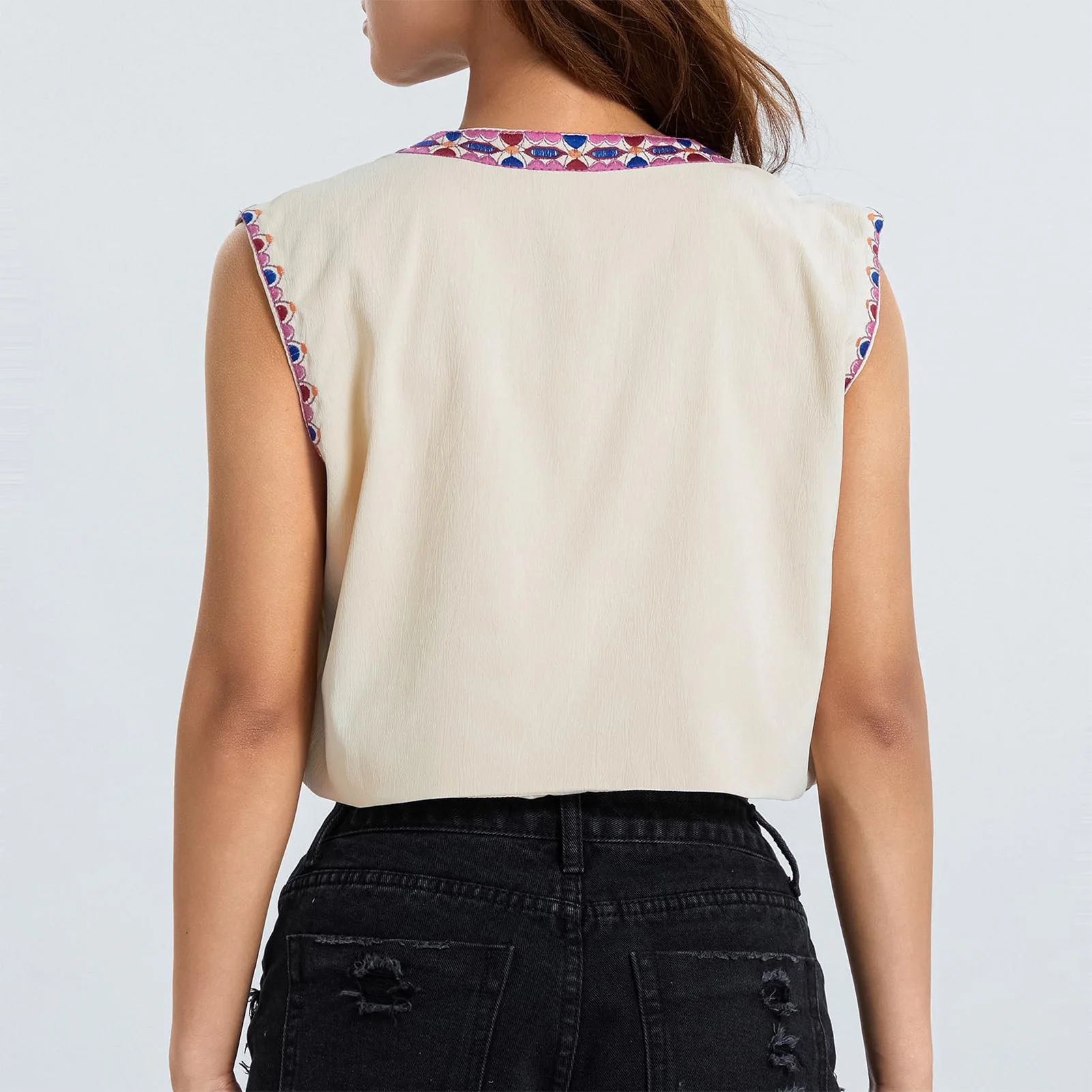 

Lady Y2k Sleeveless Open Shirt Blouse Vintage Embroidery Fashion Cardigan Vests Tops Casual Bohemian Daily Wear Beachwear Outfit