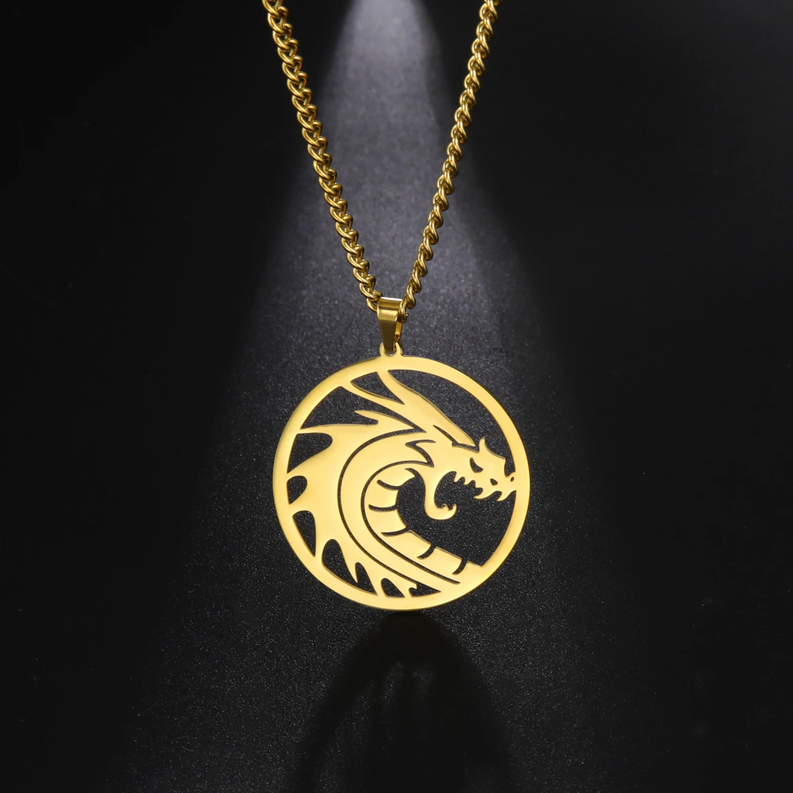 Amaxer Ancient Dragon Pendants Round Chain Necklace Stainless Steel For Women Men Gold Color Power Amulet Collier Jewelry