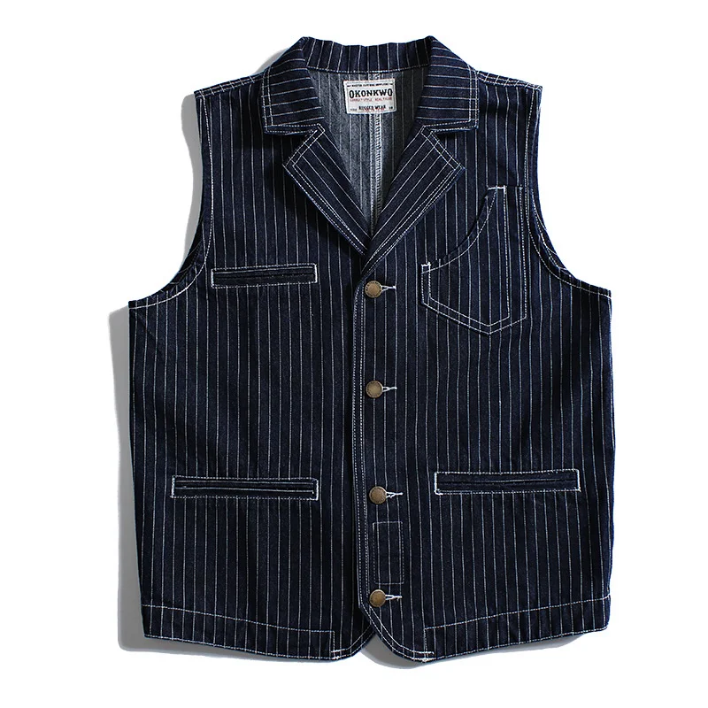 

Autumn Winter New Men's Striped Denim Vest Outdoor Sport Hiking Lapel Locomotive Multi Pocket Hunting Waistcoat Labor Jeans Suit