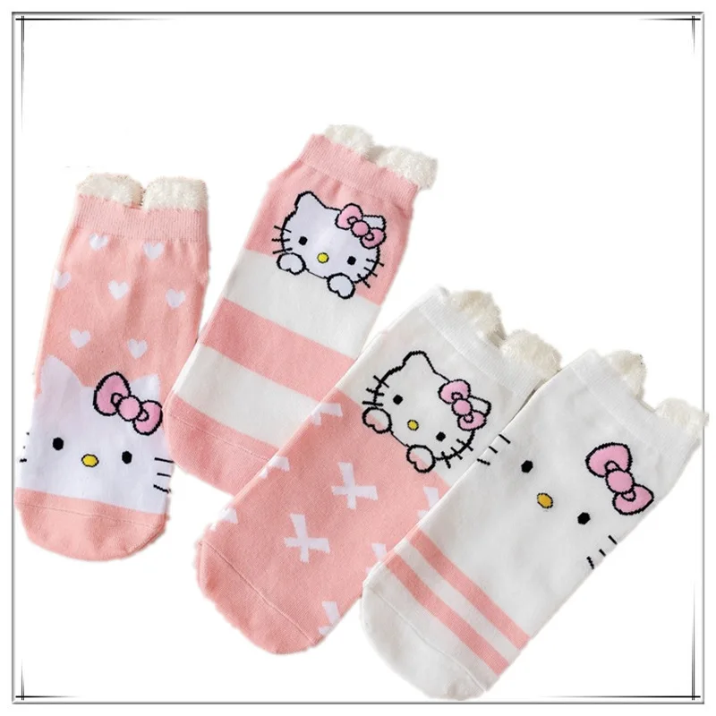 

Anime Hello Kitty Socks Cute Cartoon Short Print Kawaii Three-dimensional Ear Cotton Women's Pink Boat Socks Girls Toys Gifts