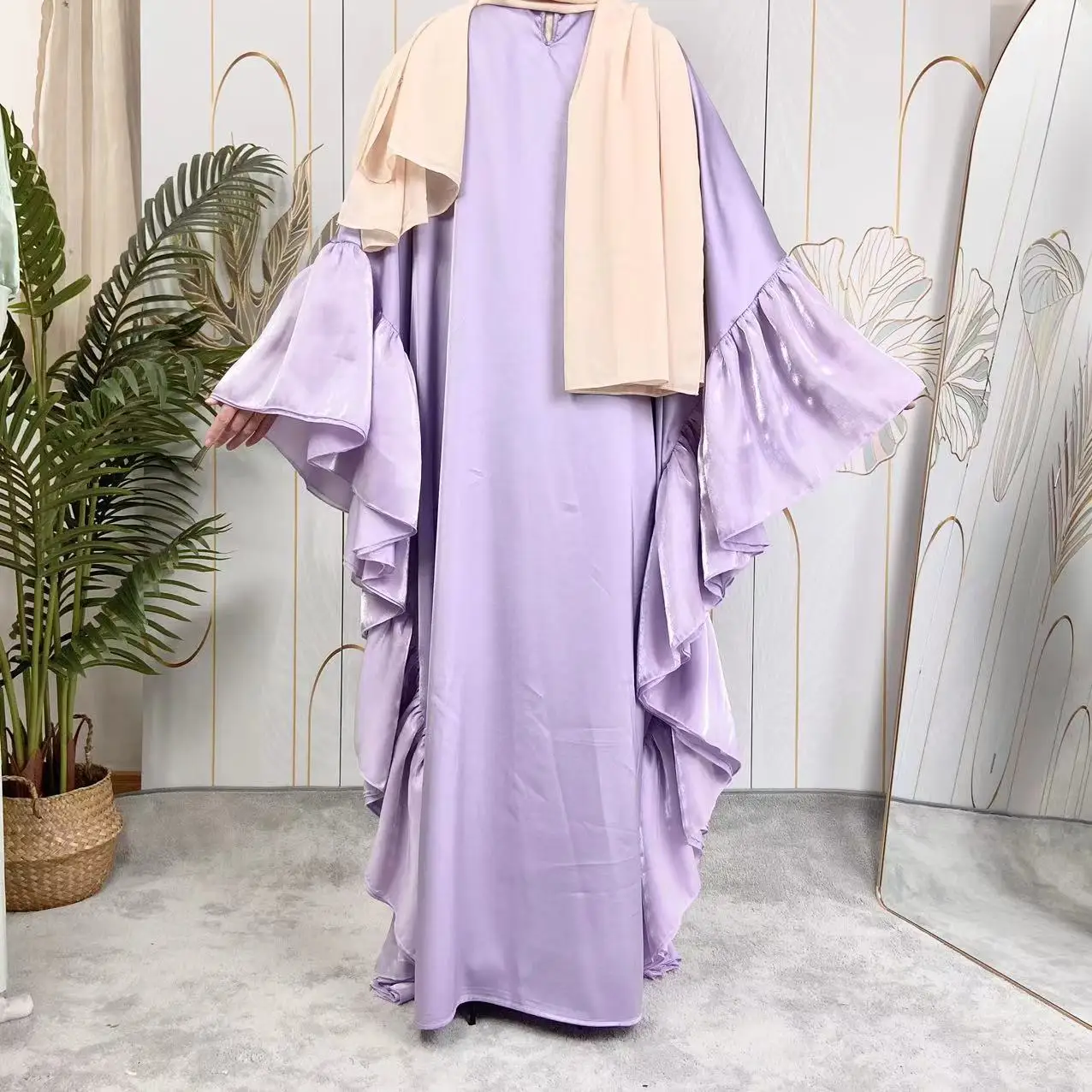 High Quality Islamic Satin Loose Dress Solid Color Popular Wide Hem Muslim Women Maxi Long Dress