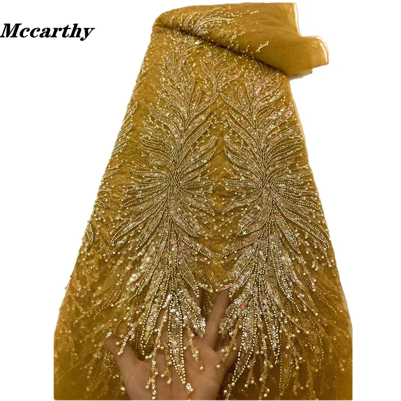

Mccarthy Handmade Sequins Lace Fabrics High Quality African Beaded Tulle Fabric Embroidery Lace With Pearls For Wedding Dresses