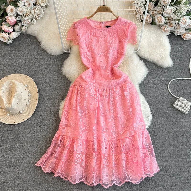 

Женское кружевное платье средней длины, элегантное платье розового и синего цвета с цветочной вышивкой, коротким рукавом, круглым вырезом и высокой талией на лето