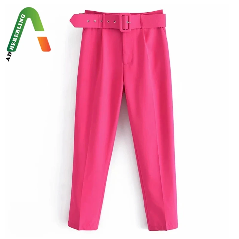 Женские брюки с поясом Adherebling Traf офисные прямые до щиколотки высокой талией и