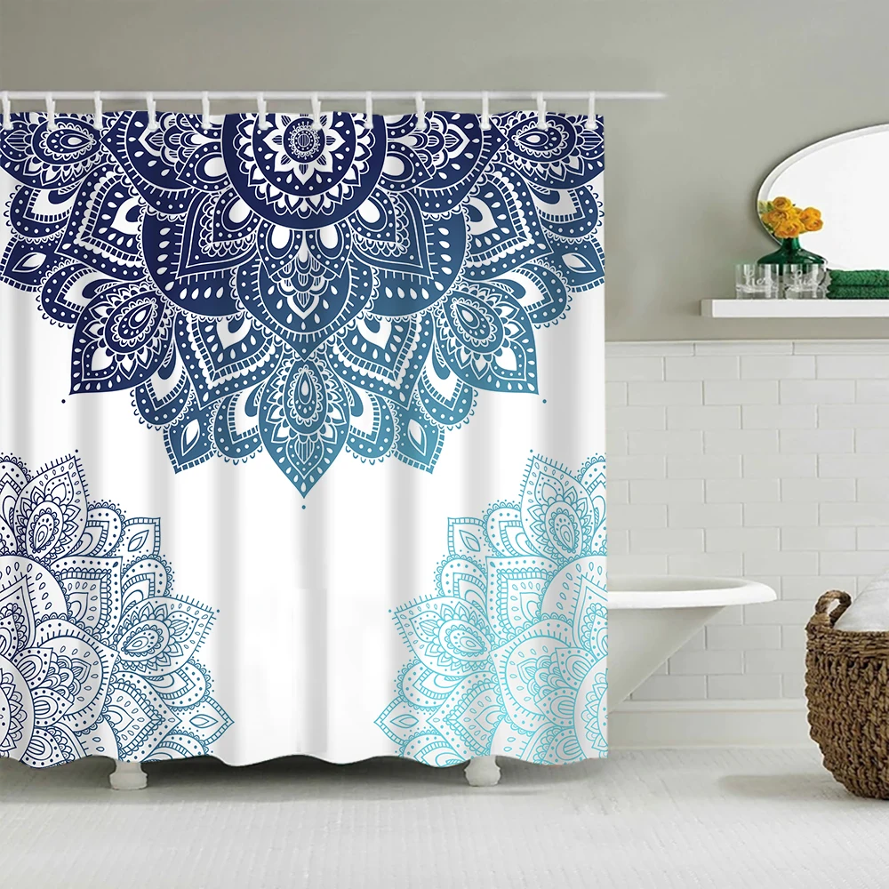 

Waterproof Shower Curtain Mandala Flower Printed Bath Curtain Polyester Fabric Geometric Home Bath Decor Curtains With 12 Hooks