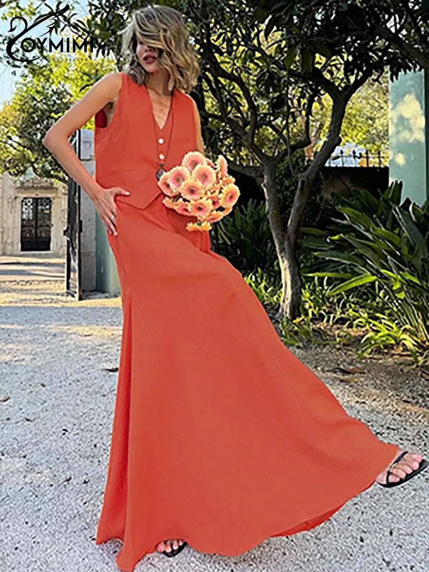 Oymimi повседневный оранжевый хлопковый женский комплект из 2 предметов модные топы