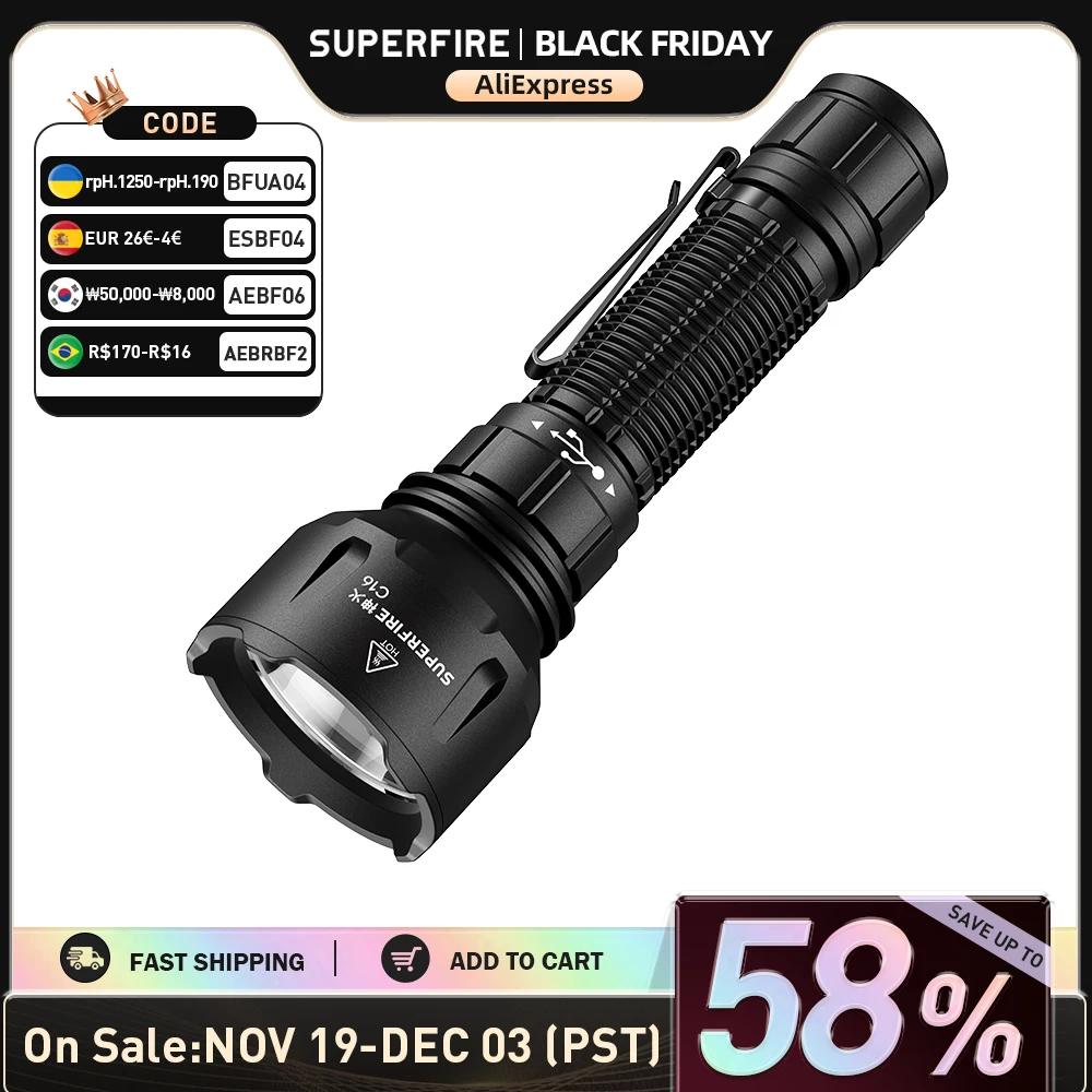 

SUPERFIRE C16 перезаряжаемый алюминиевый фонарь 40 Вт