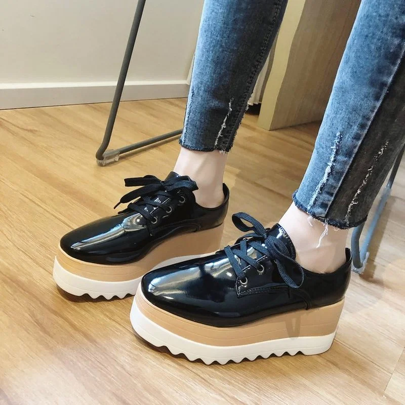 

Women Flats Shoes Woman Casual Lady Shoes Women's 5cm Platform 7cm Heel Square Toe Heel Shoes Lace up Basic Fashionsh