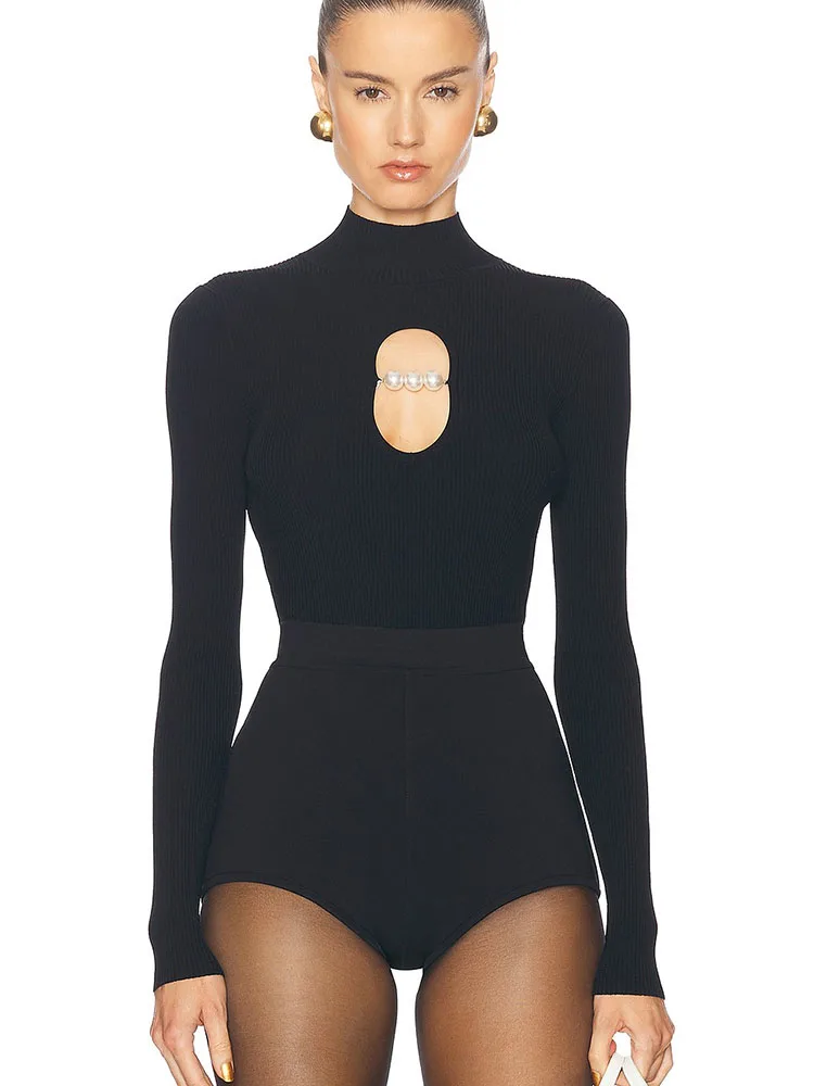 Spice Girl Стиль Y2K Высокая шея на груди Полый однотонный тонкий эластичный боди с