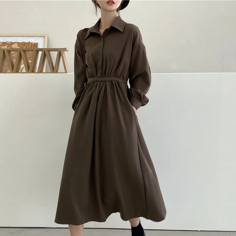 

Autumn Women Korean Tum-Down Dress Vintage Casual Slim Long Sleeve Dresses Ladies Solid Buttons A-Line Pullover Vestidos Female