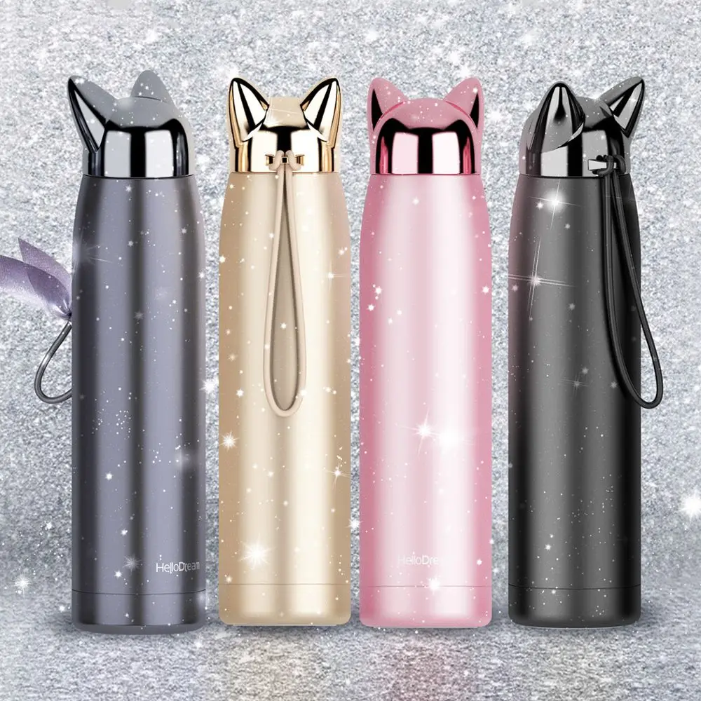 Water Bottle Stainless Steel Vacuum Flasks Cute Cat Fox Ear Thermal Coffee Tea Milk Travel Mug