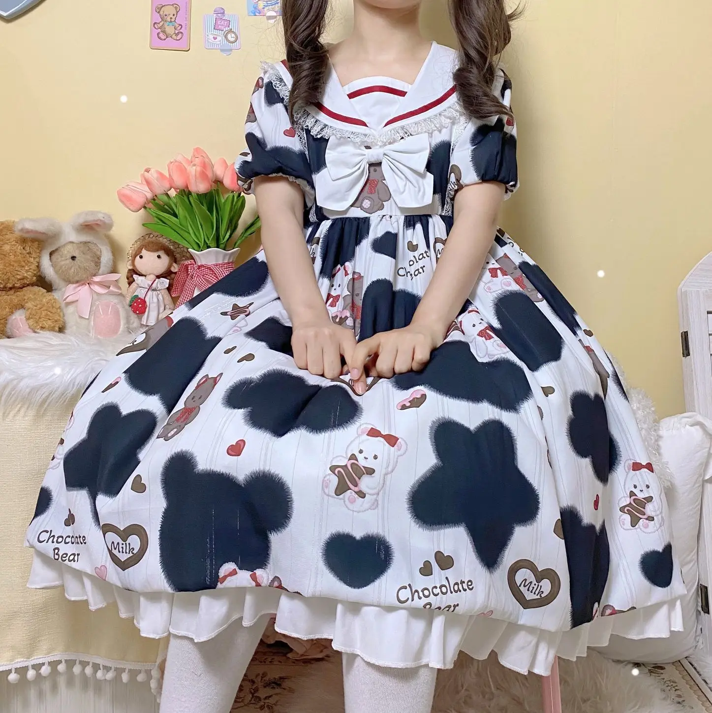 

Milk Cow Bear Original Design Women's Lolita OP Short Sleeve Dress Bear Ear Sailor Collar Cute Printing Girl's One Piece