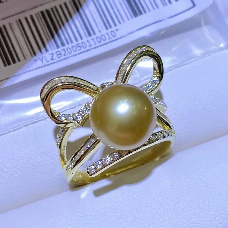 

MeiBaPJ 9-10mm Natural Golden Freshwater Pearl Fashion Bow Ring 925 Sterling Silver Fine Wedding Jewelry for Women