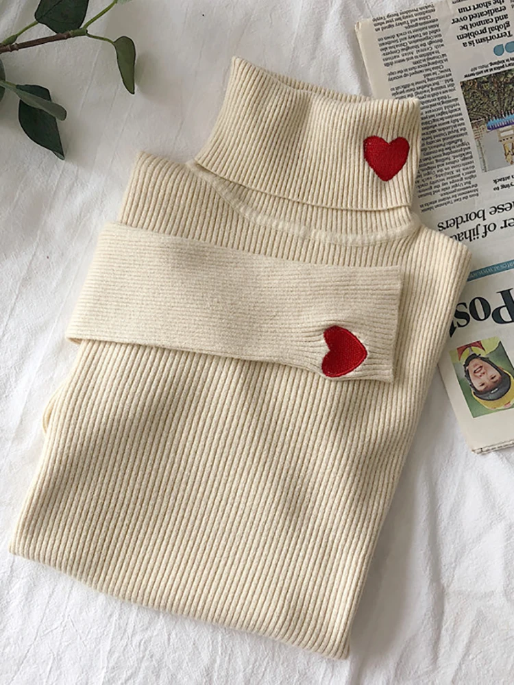 

2023 Knitted Women Sweater Ribbed Pullovers Heart Embroidery Turtleneck Autumn Winter Basic Women Sweaters Fit Soft Warm Tops