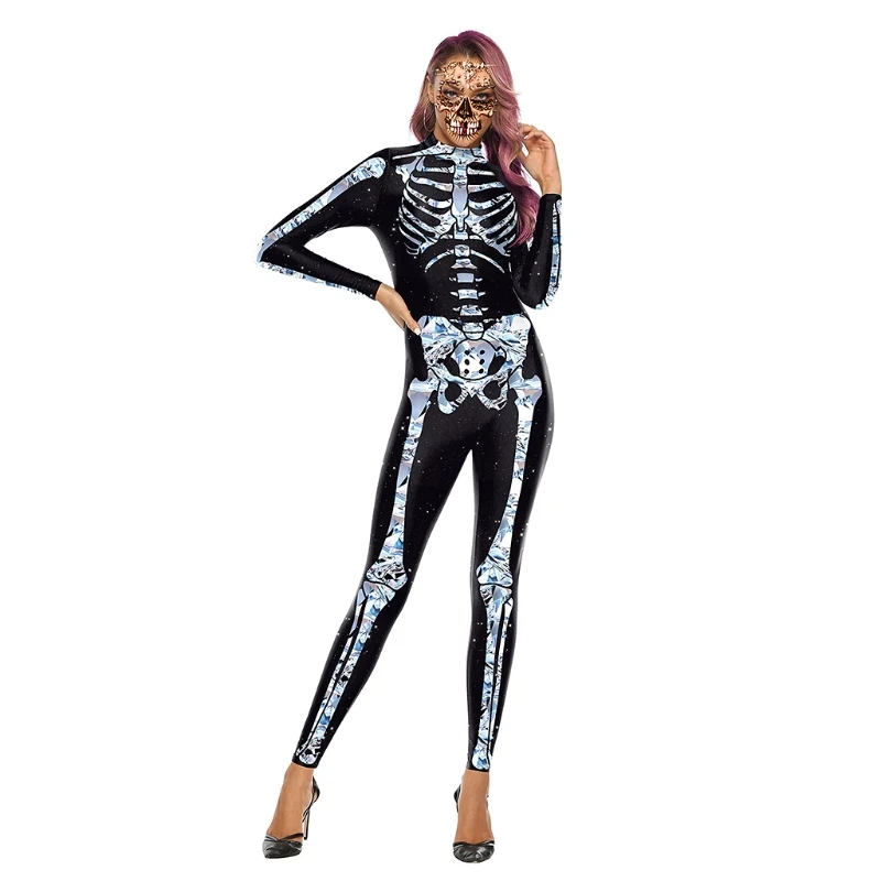 

Adult Women Halloween Costume Skeleton Frame 3D Digital Printed Skinny Jumpsuit
