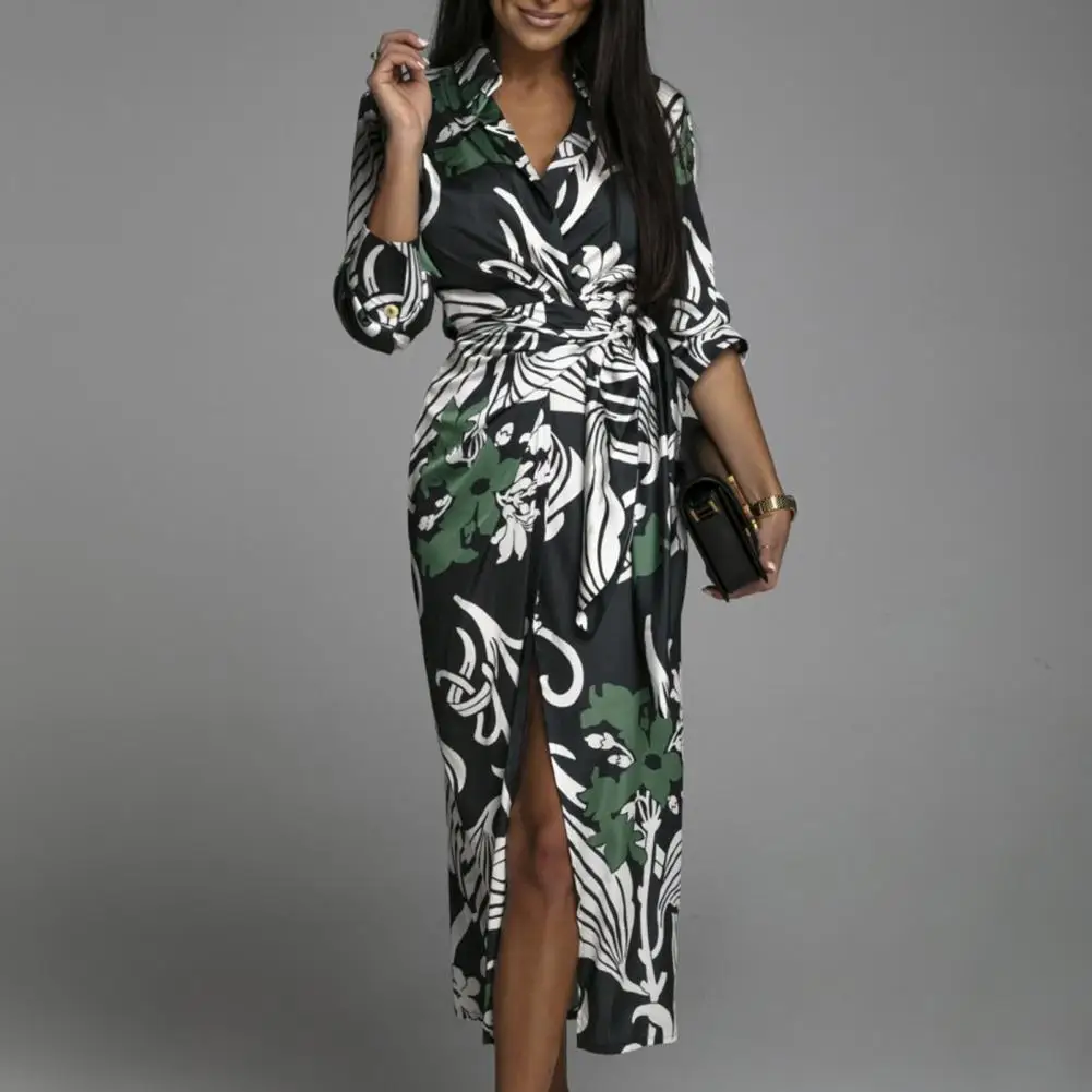 

Trendy Stylish Slit Design Casual Dress Tie Belt Women Dress Printing Design for Business