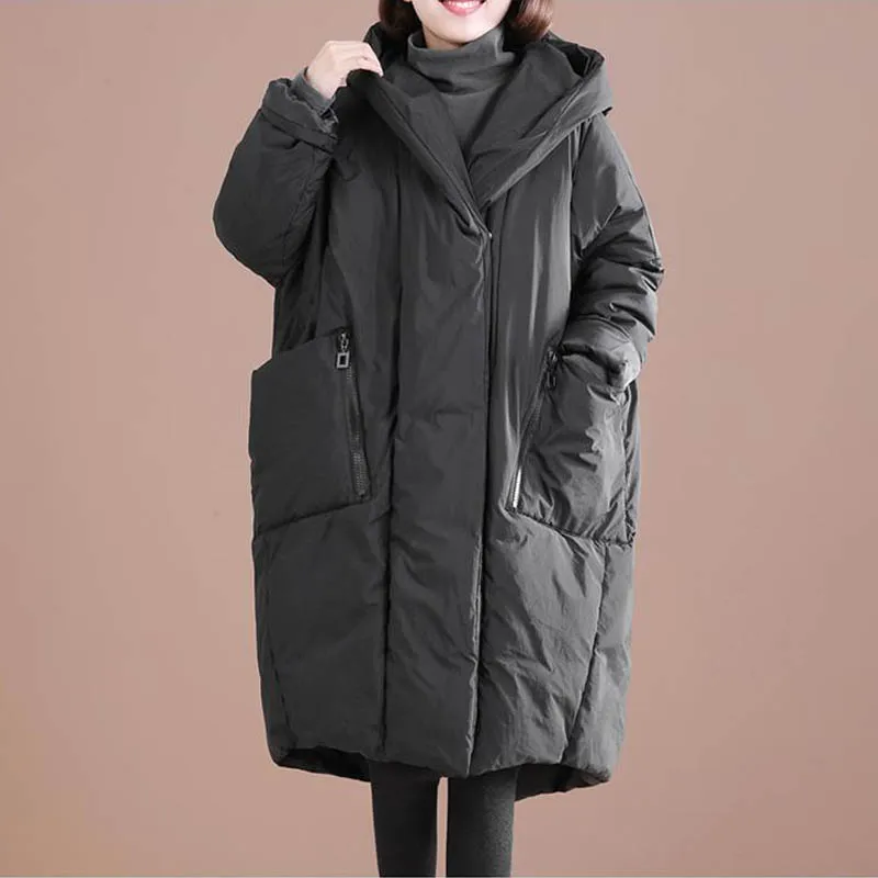 Fashion Down Cotton Long Jacket Women Plus Size Casual Loose Long Sleeve Quilted Warm Thickened Hooded Coat Female Parkas 2022