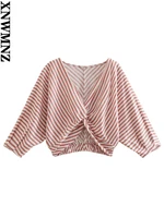 xnwmnz 2022 women fashion linen blend knot striped top womens vintage v neck elastic hem female chic top