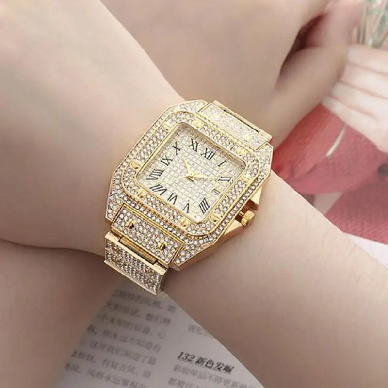 Luxury Square Quartz Roma Dial Casual Watches Stainless Strap Fashionable Full Rhinestone Clock Waterproof Wristwatch for Women