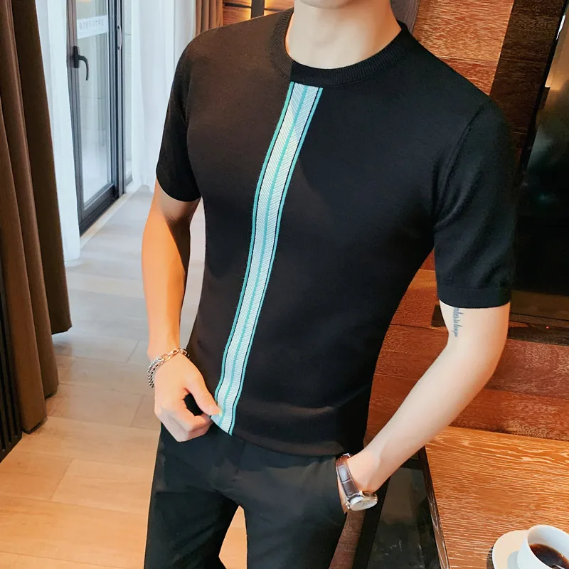 

2022 Striped Knitted T-shirt for Men's Summer Short Sleeve Slim Fit O-neck Tops Tees High Quality Casual T Shirt Male Clothing