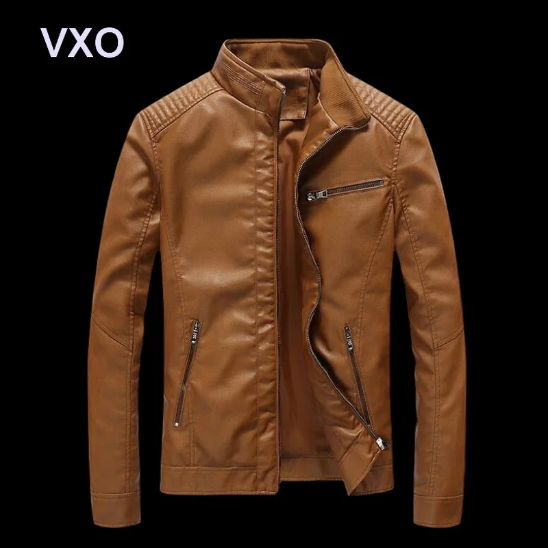 

VXO Classic Leather Jacket Biker Jackets Motorcycle Faux Leather Coats Multiple Zipper Outwear Leather Overcoat Winter Clothing