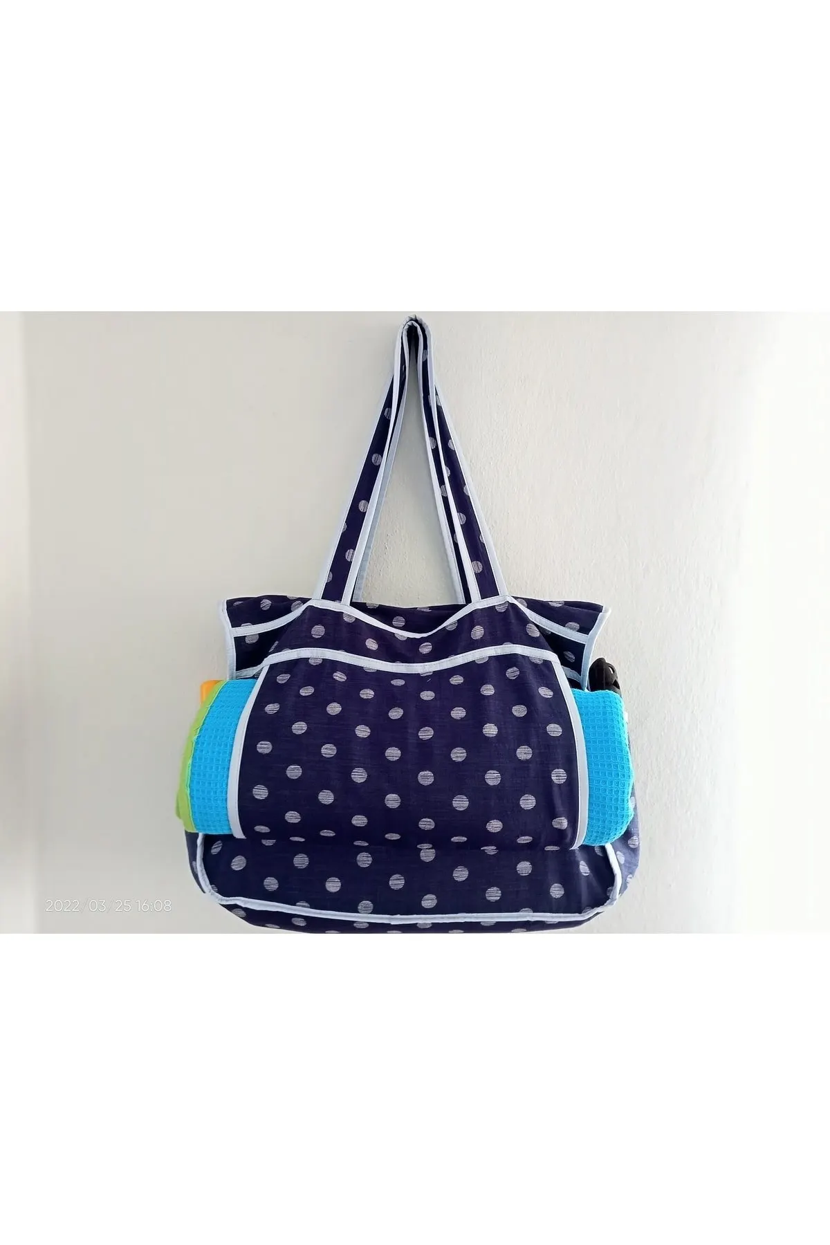 Женская пляжная сумка в горошек, темно-синяя сумка-тоут на молнии с карманом, модная летняя вместительная сумка