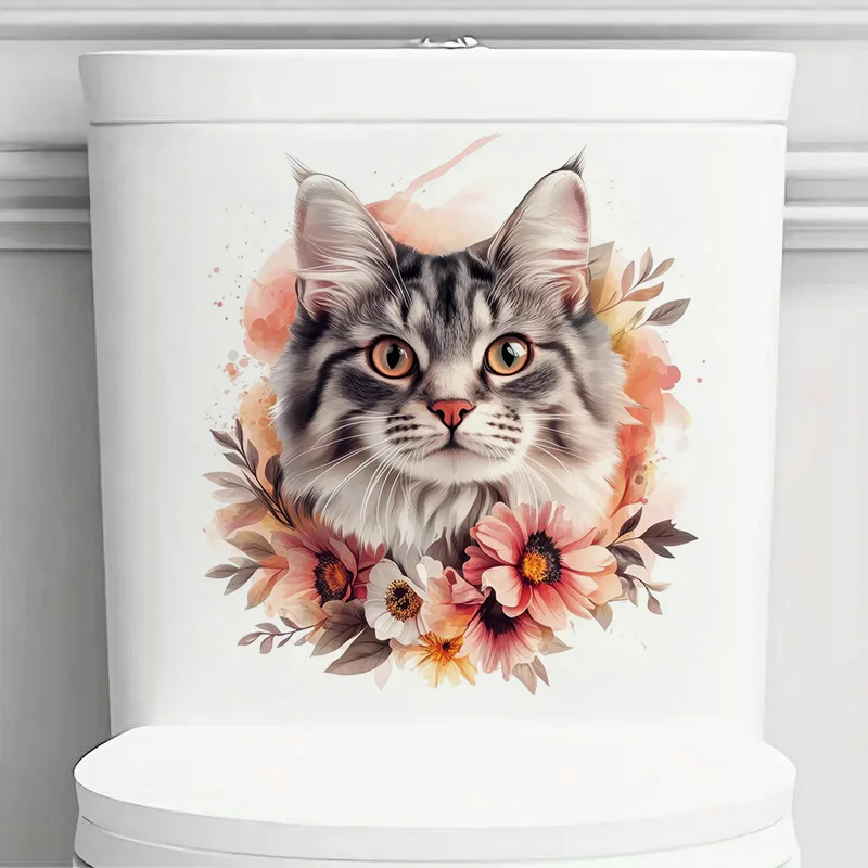 Фото MT892 #   Наклейки с цветочными котятами, съемные наклейки на стену для туалета, виниловые наклейки для декора ванной комнаты, для использования на улице и в помещении №2