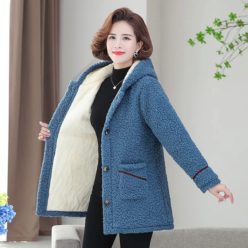 2022 New Winter Women Jacket Lambswool Plus Velvet Cotton Coat Female Overcoat Hooded Warm Lady Outerwear Mother Clothes 5XL